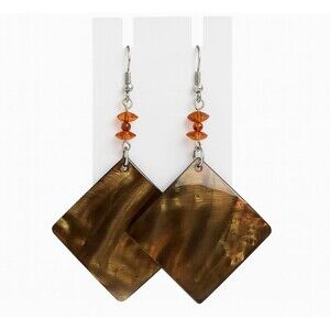 Silver Tone Metal Amber Orange Beads Brown Shell Dangle Hook Geometric Earrings